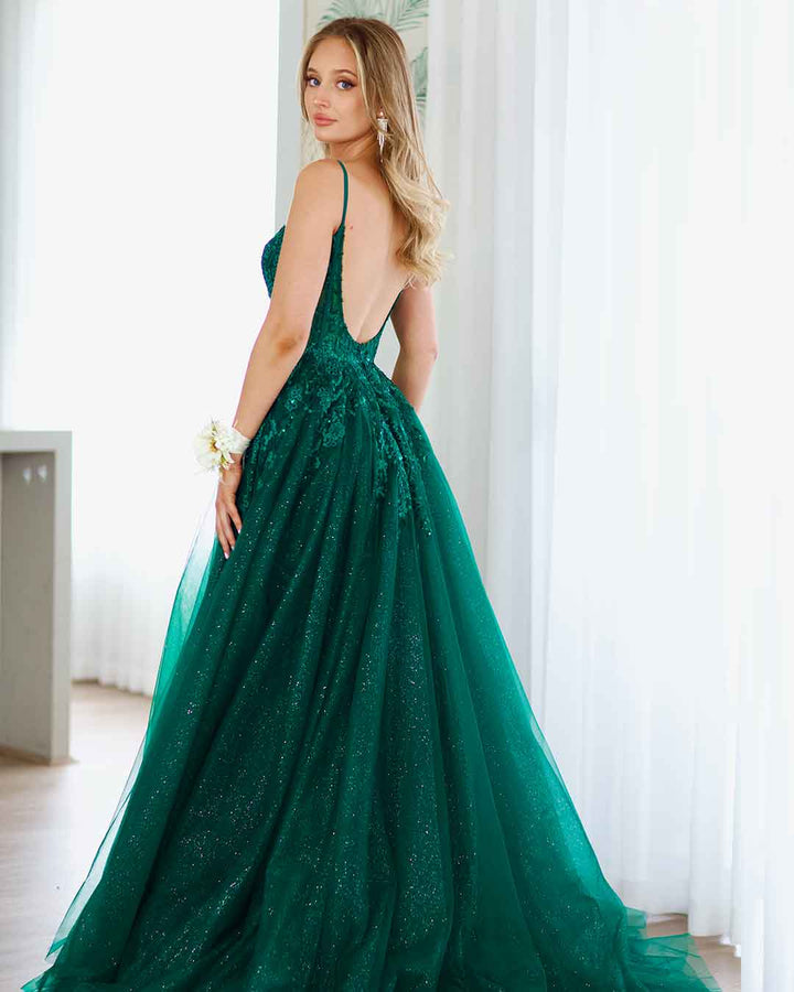 penny Emerald lace fishbone pleated Corset Gown