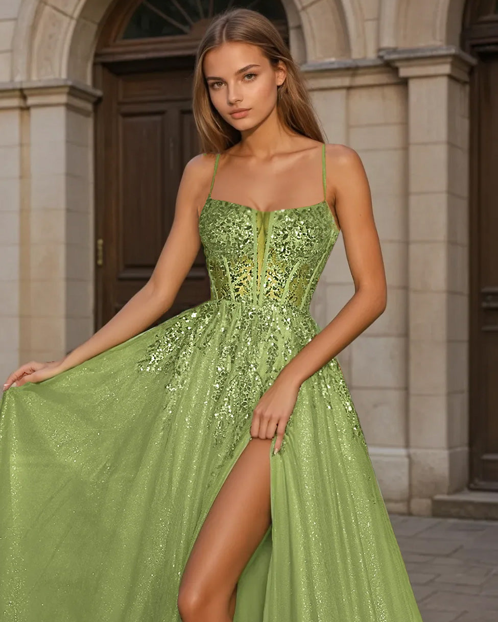 Iris Green sequin ball gown corset front