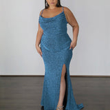 Issy Metallic Jersey Gown - Sky Blue