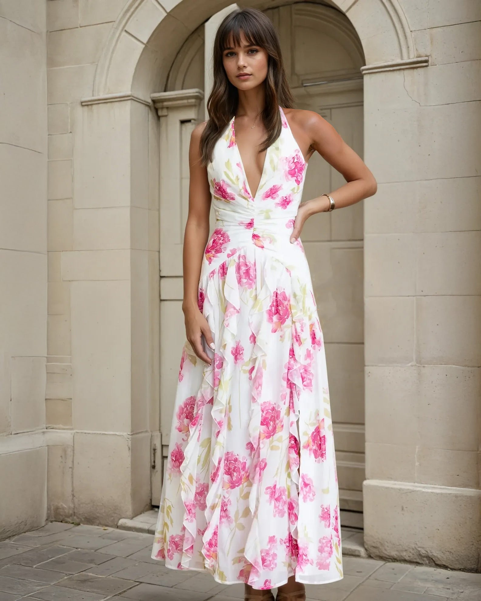 Julian Halterneck Maxi Dress Pink Print Front