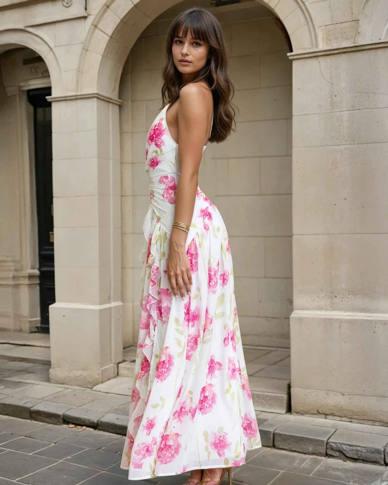 Julian Halterneck Maxi Dress Pink Print Side