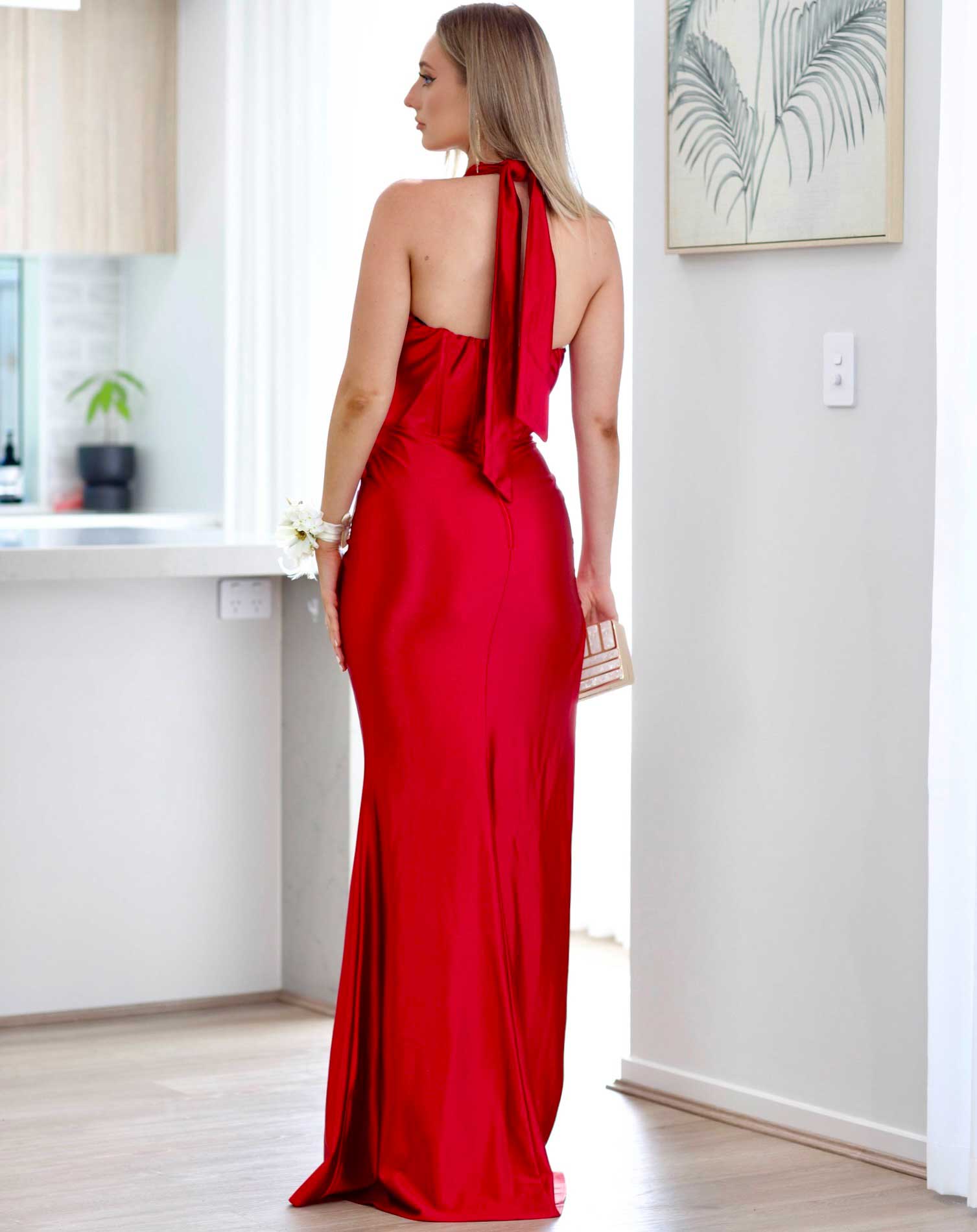 Juniper Corset Satin Gown - Ruby