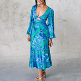 Kora Satin Midi Dress - Green/Blue Print