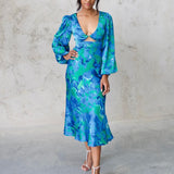 Kora Satin Midi Dress - Green/Blue Print