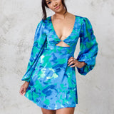 Kora Satin Mini Dress - Green/Blue Print