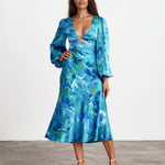 Kora Satin Midi Dress Green/Blue Print Front
