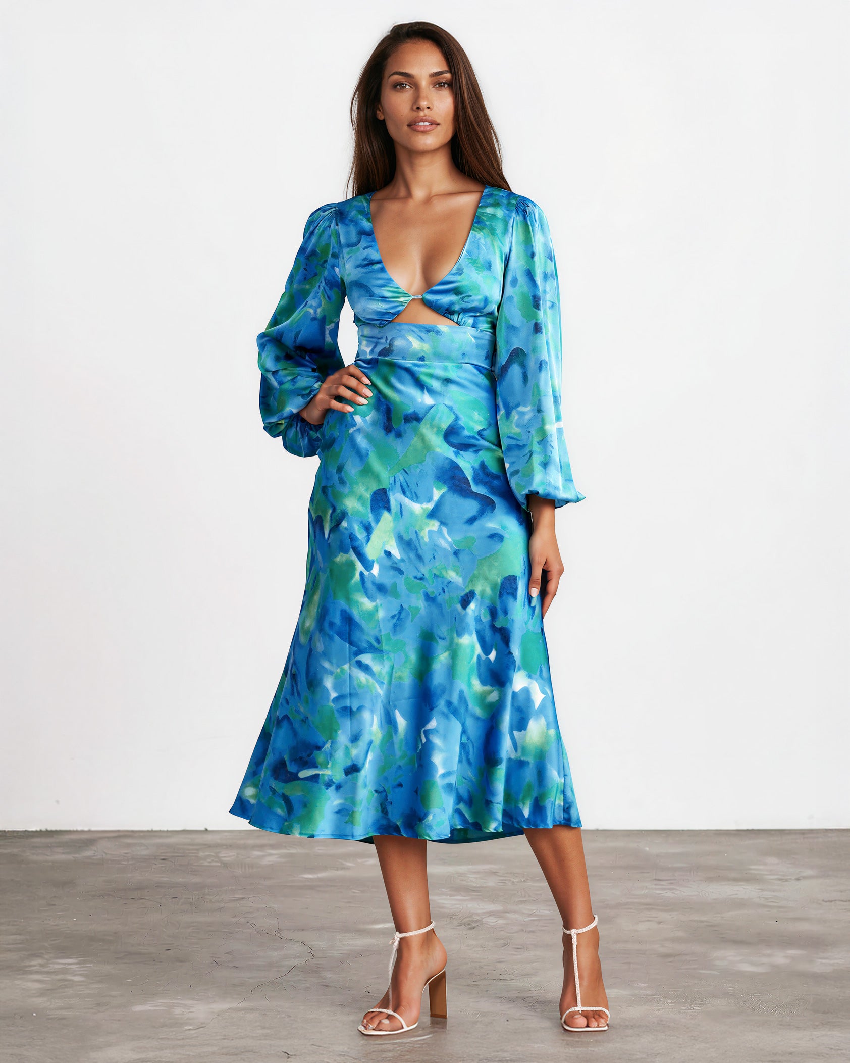 Kora Satin Midi Dress Green/Blue Print Front