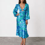 Kora Satin Midi Dress Green/Blue Print Front