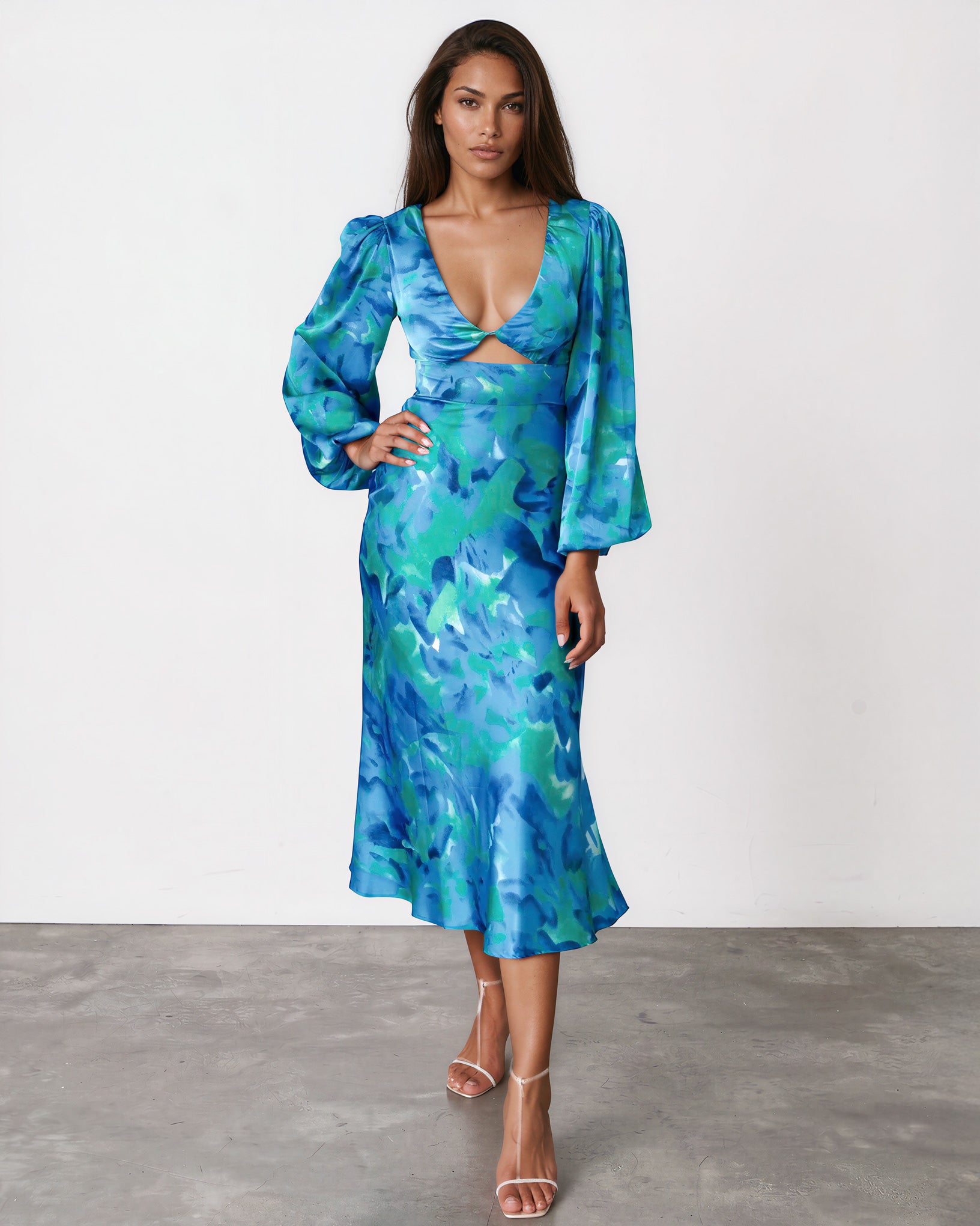 Kora Satin Midi Dress Green/Blue Print Front