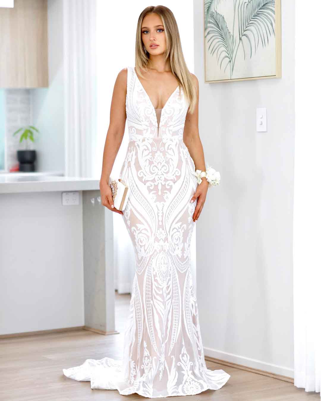 Letisha Sequin Gown - White and Nude