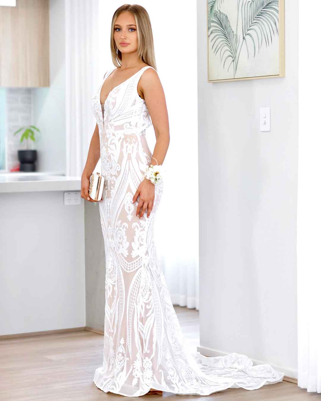 Letisha Sequin Gown - White and Nude