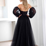 Lilia Off Shoulder Tulle Gown - Black