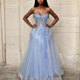 Liliane Embroidered Corset Tulle Gown Pale Blue Front