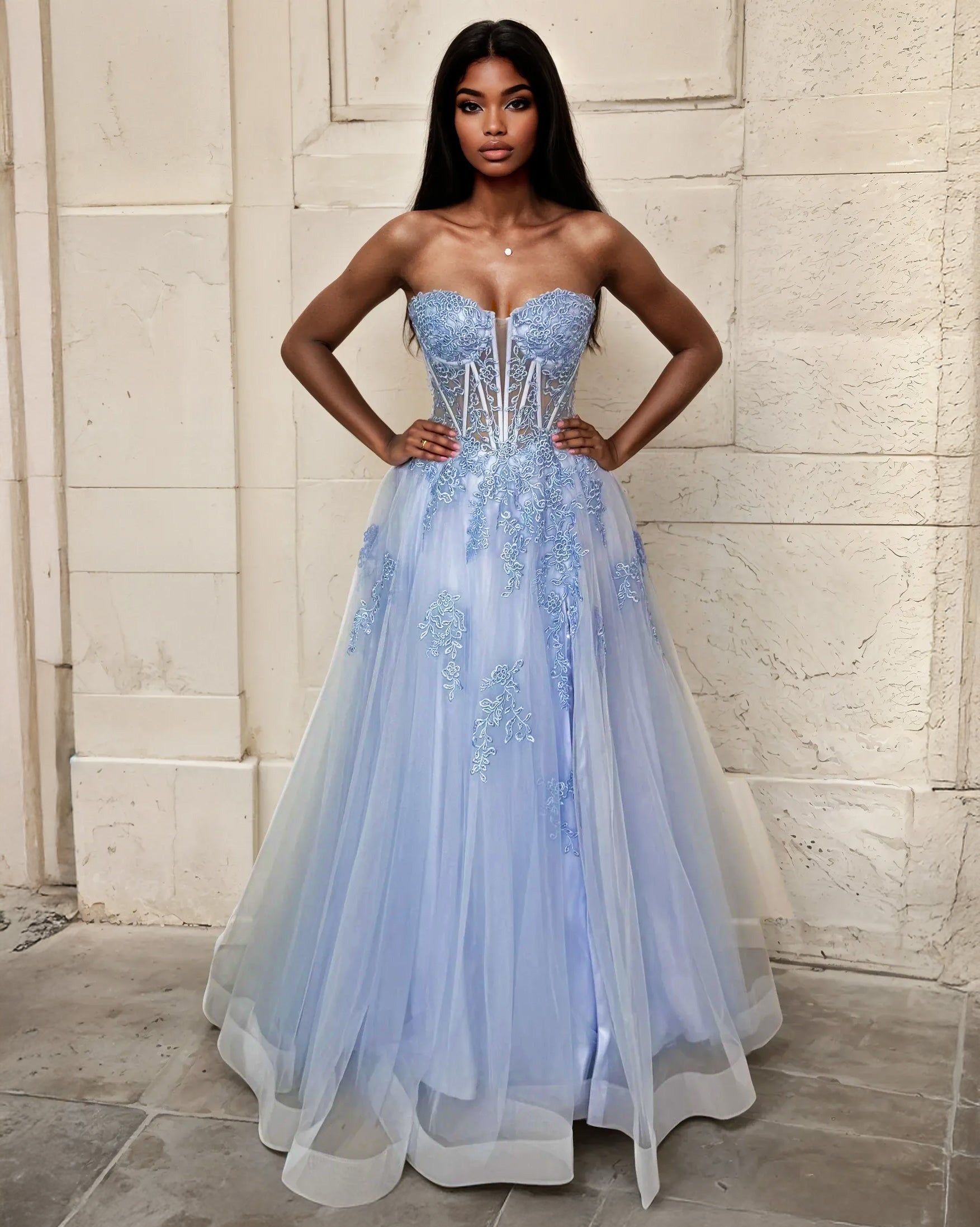 Liliane Embroidered Corset Tulle Gown Pale Blue Front