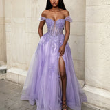 Liliane Embroidered Corset Tulle Gown Lilac Front