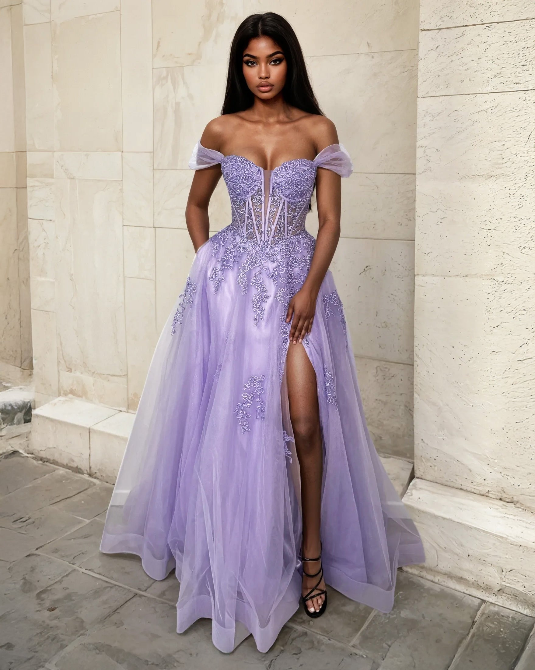 Liliane Embroidered Corset Tulle Gown Lilac Front