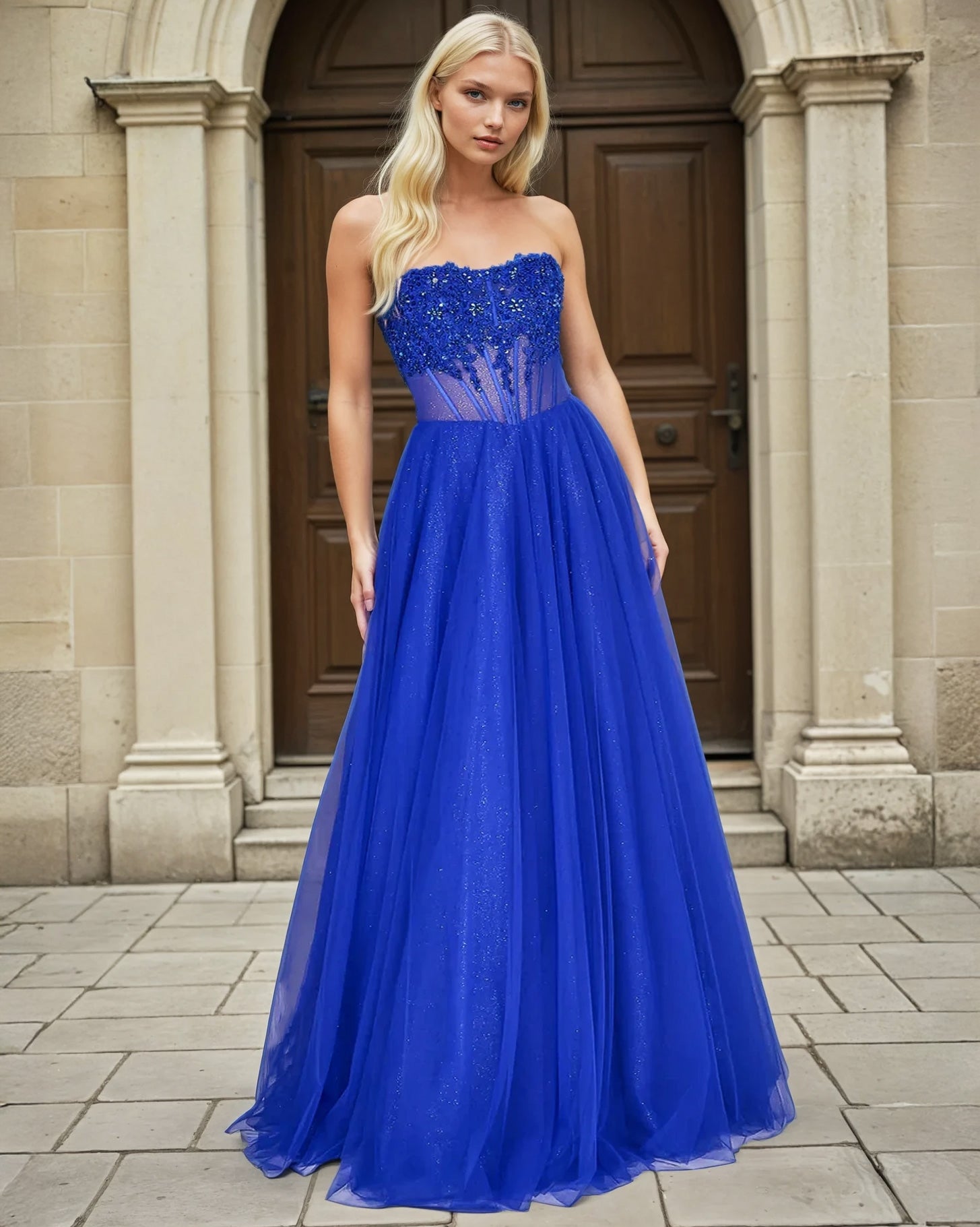 Lilla Corset Tulle Gown Cobalt Front