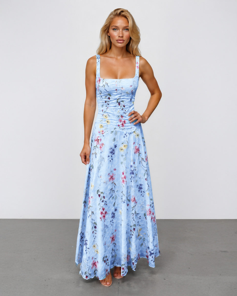 Lily Broderie Floral Maxi Dress Blue front