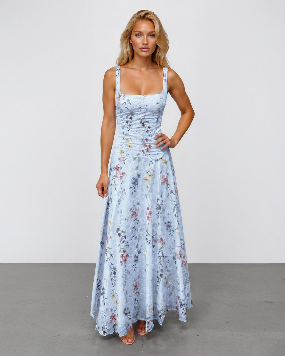 Lily Broderie Floral Maxi Dress Blue front
