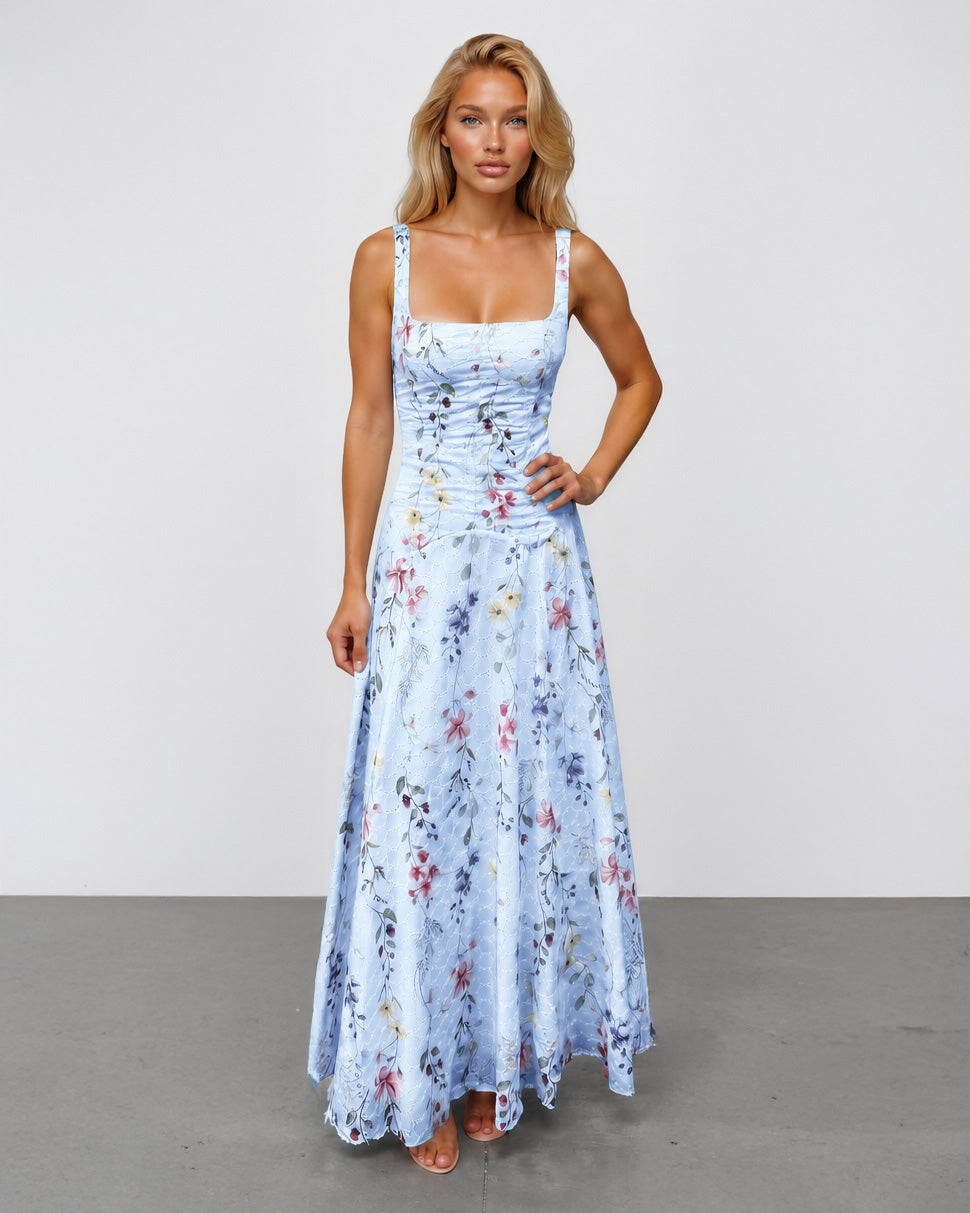 Lily Broderie Floral Maxi Dress Blue front