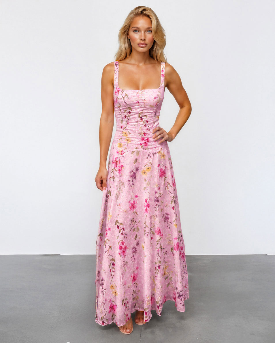Lily Broderie Floral Maxi Dress Pink front