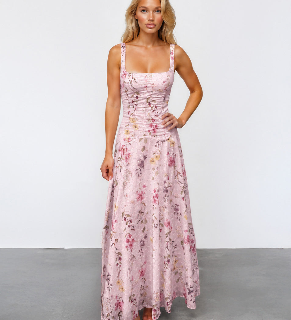Lily Broderie Floral Maxi Dress pink front 