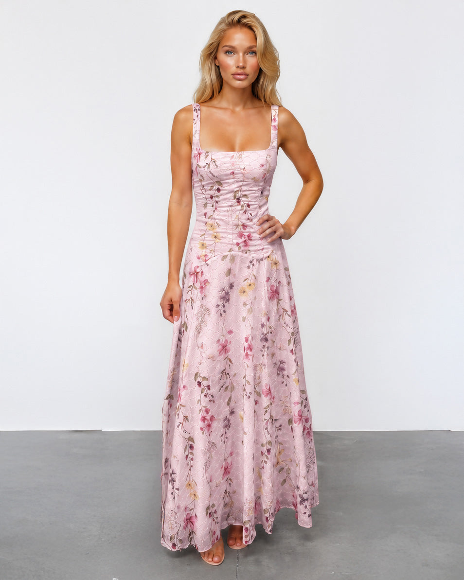 Lily Broderie Floral Maxi Dress pink front 