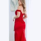 Lorel Beaded Lace Corset Gown - Red