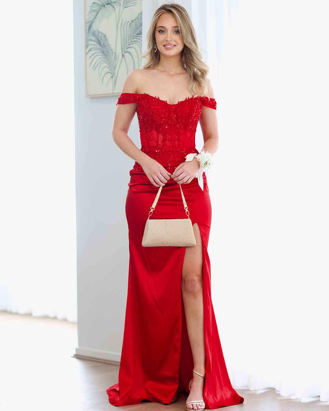 Lorel Embroidered Corset Gown - Red