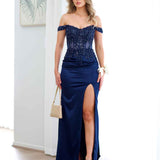 Lorel Embroidered Corset Gown - Navy