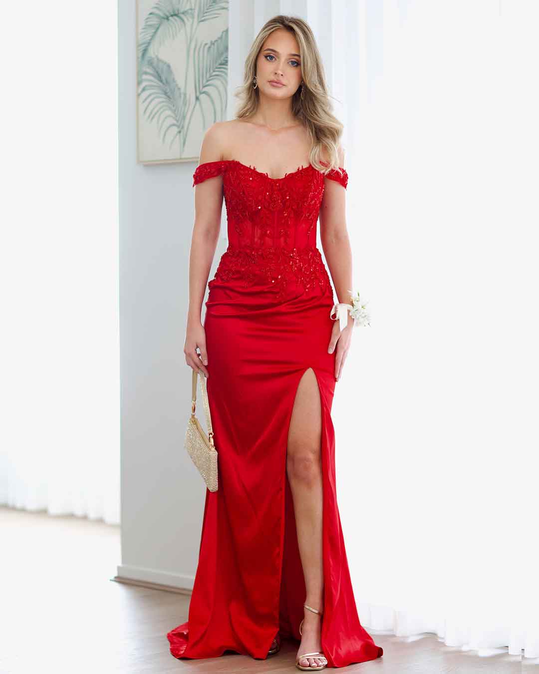 Lorel Embroidered Corset Gown - Red