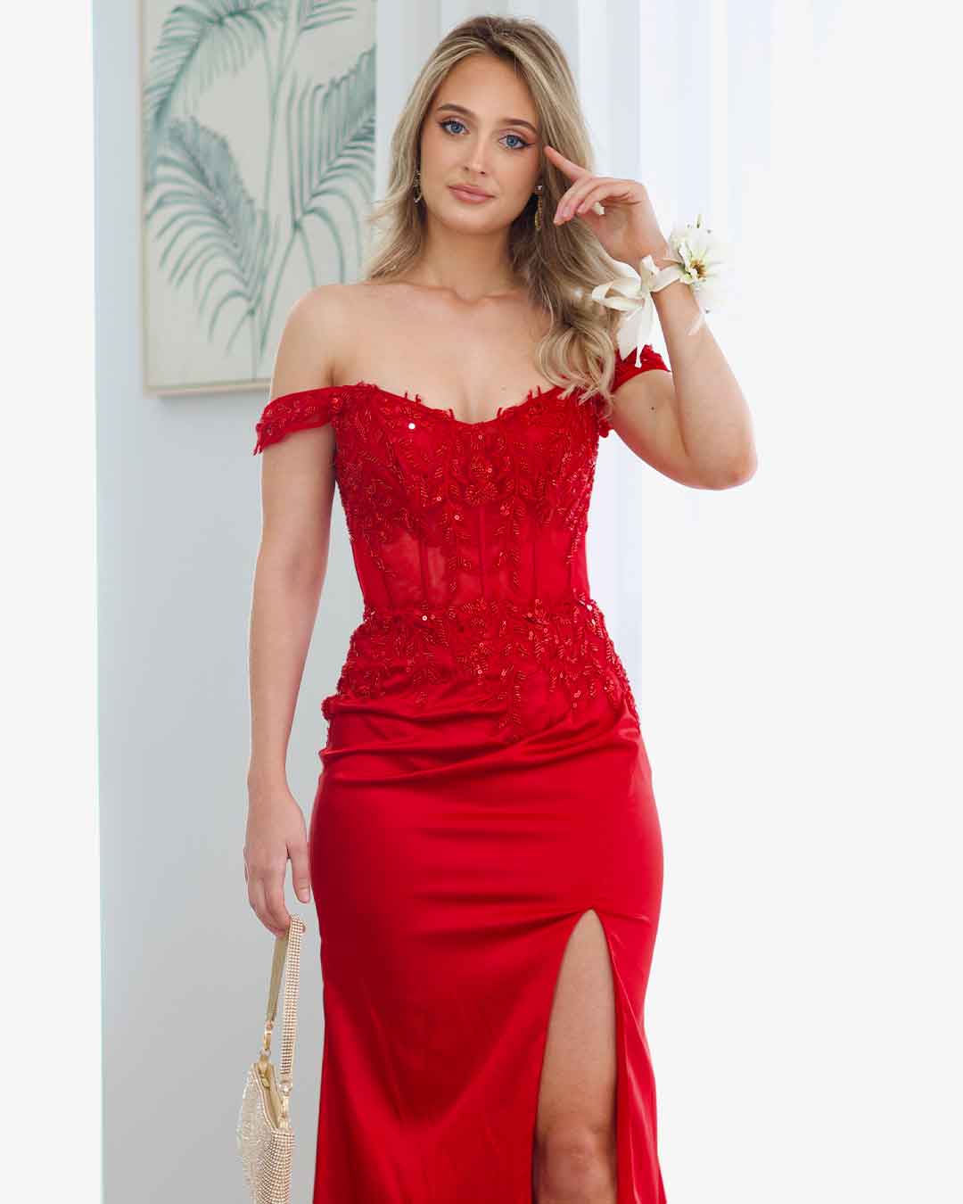 Lorel Embroidered Corset Gown - Red