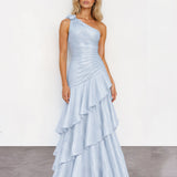 Lucca Layered One Shoulder Maxi Dress Blue front