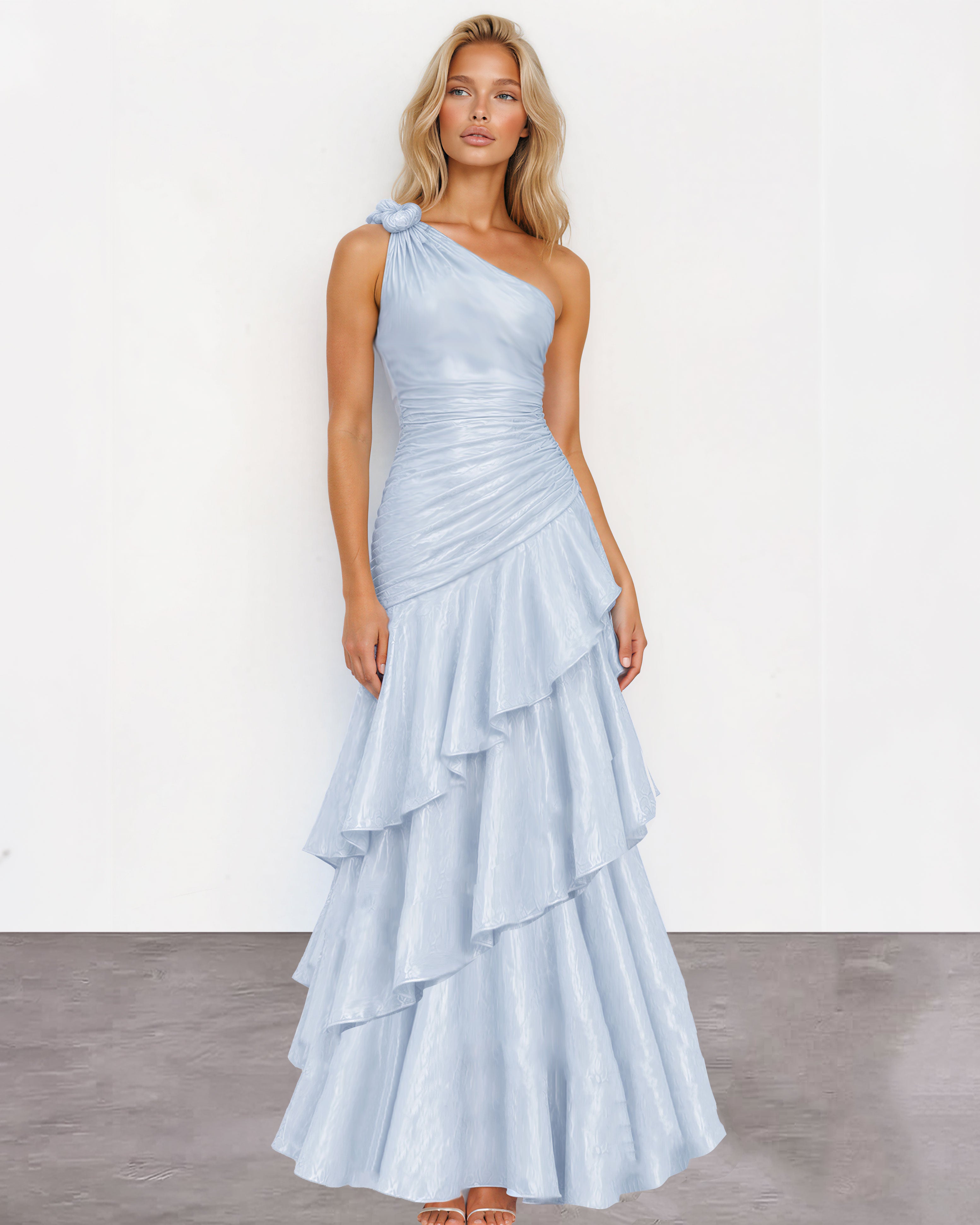 Lucca Layered One Shoulder Maxi Dress Blue front