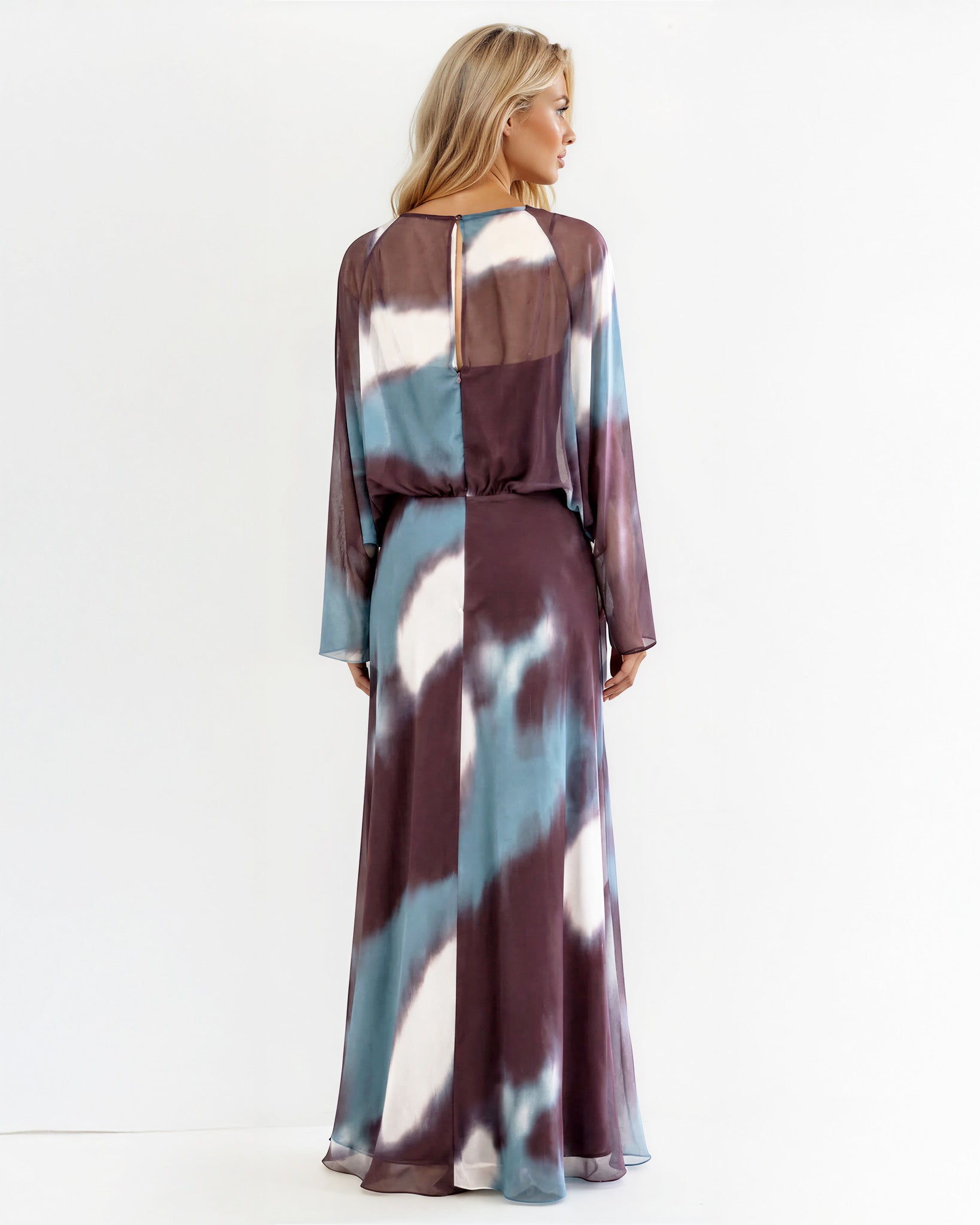 Lucia Long Sleeve Maxi Dress Brown/Blue back