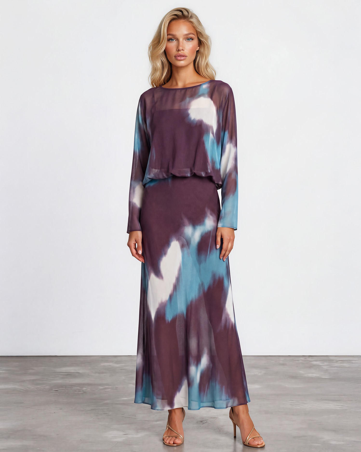 Lucia Long Sleeve Maxi Dress Brown/Blue front