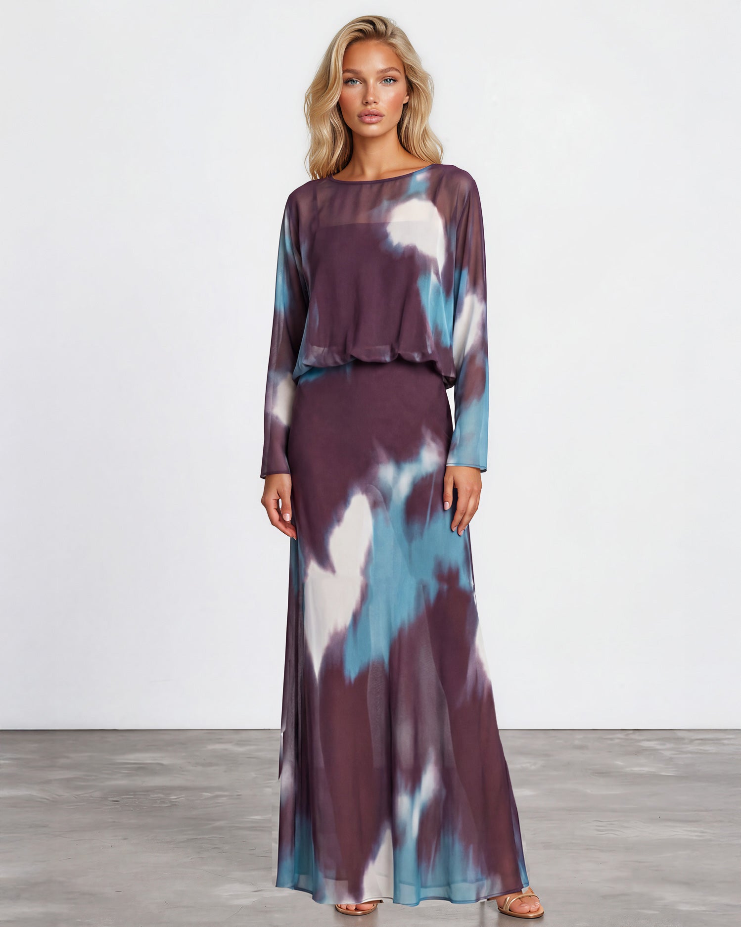 Lucia Long Sleeve Maxi Dress Brown/Blue Front