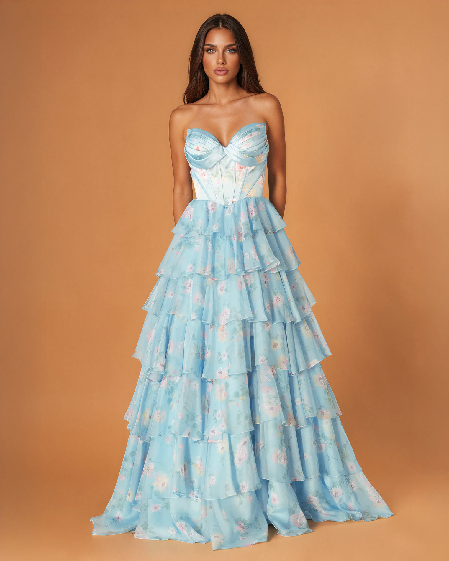 Mariella Layered Corset Gown Pale Blue Print Front