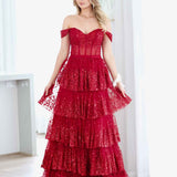 Maxine Layered Glitter Gown - Burgundy