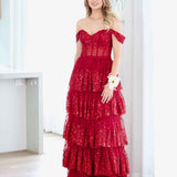 Maxine Layered Glitter Gown - Burgundy