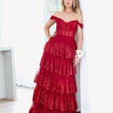 Maxine Layered Glitter Gown - Burgundy