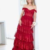 Maxine Layered Glitter Gown - Burgundy