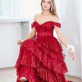 Maxine Layered Glitter Gown - Burgundy