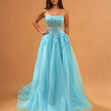Melina Tulle Corset Gown Aqua Front
