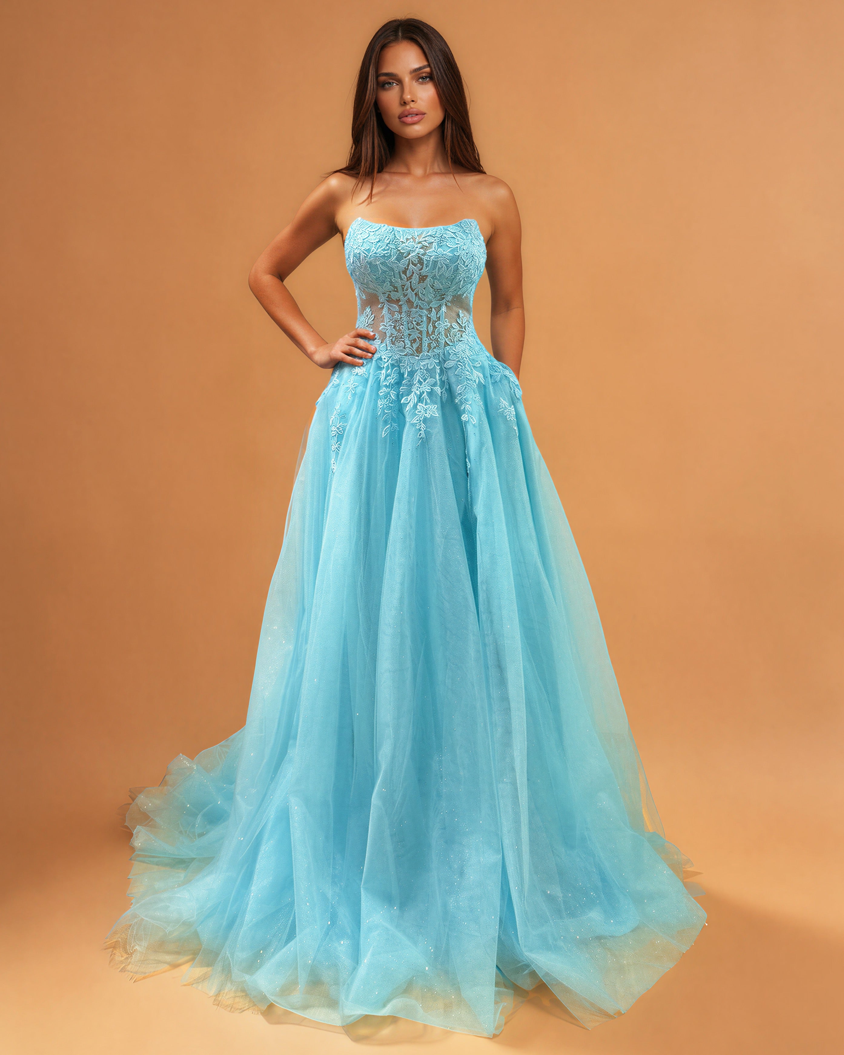 Melina Tulle Corset Gown Aqua Front