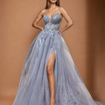 Milla Strapless Beaded Gown Smoky Blue Front