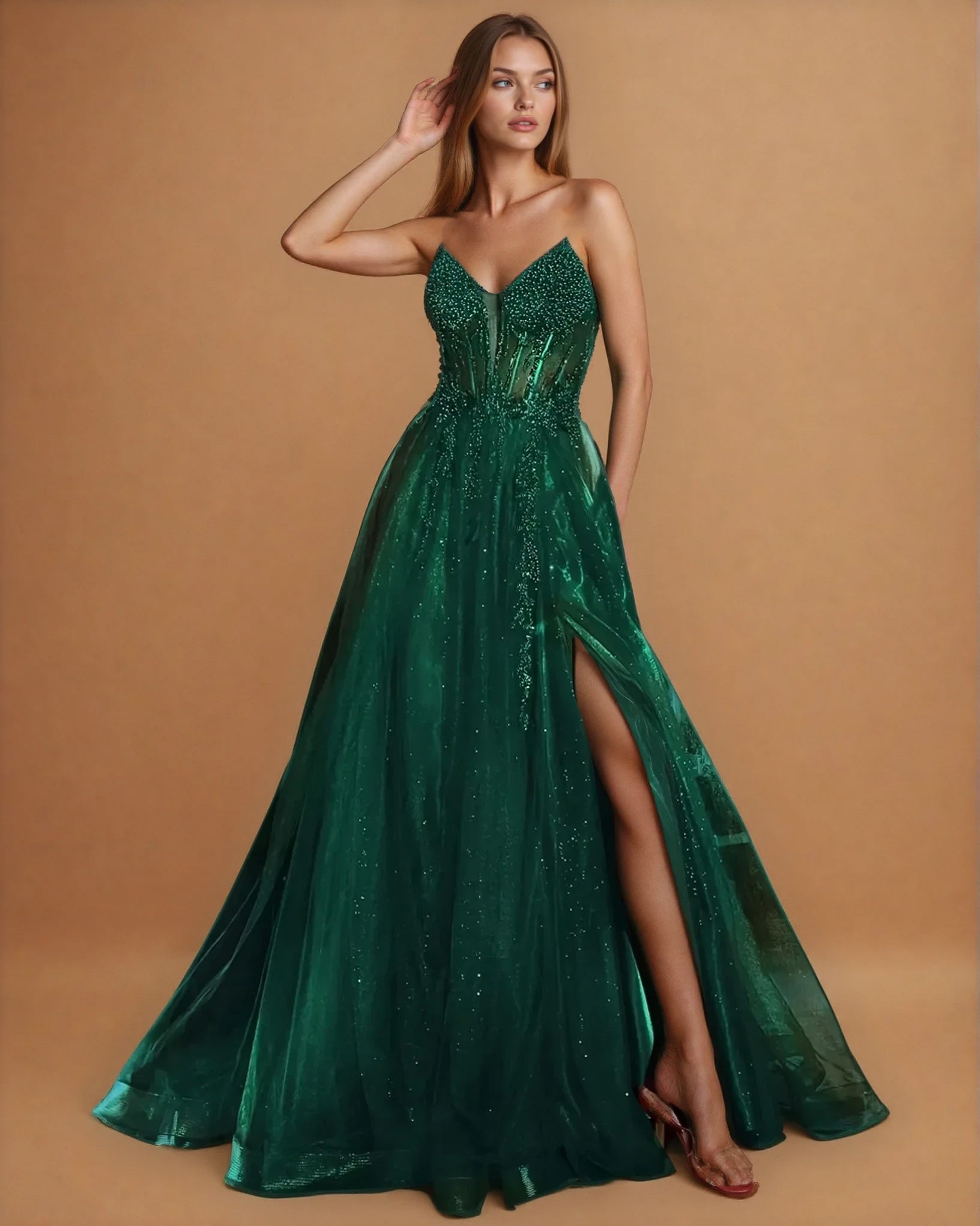 Milla Strapless Beaded Gown Emerald Front