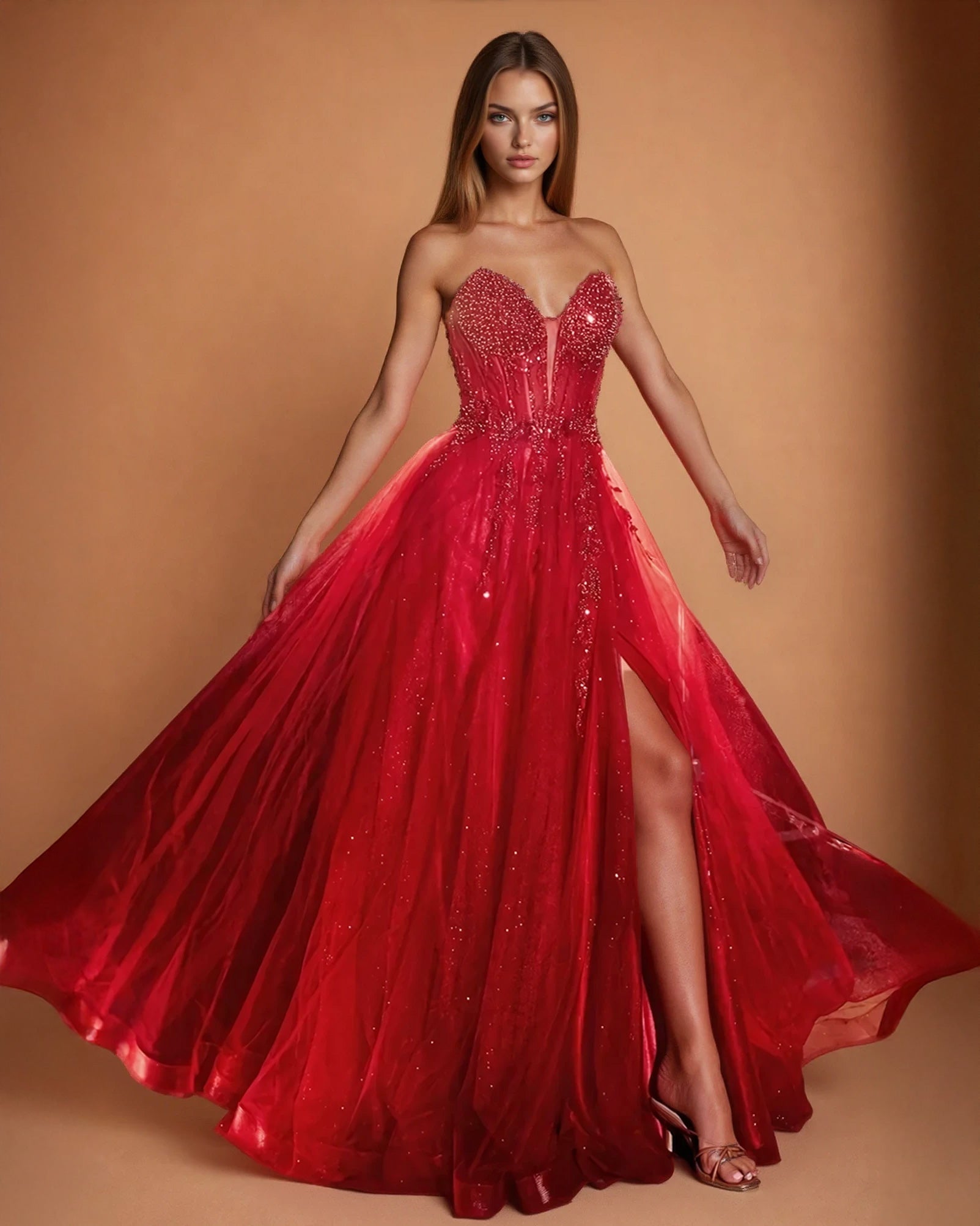 Milla Strapless Beaded Gown Red Front