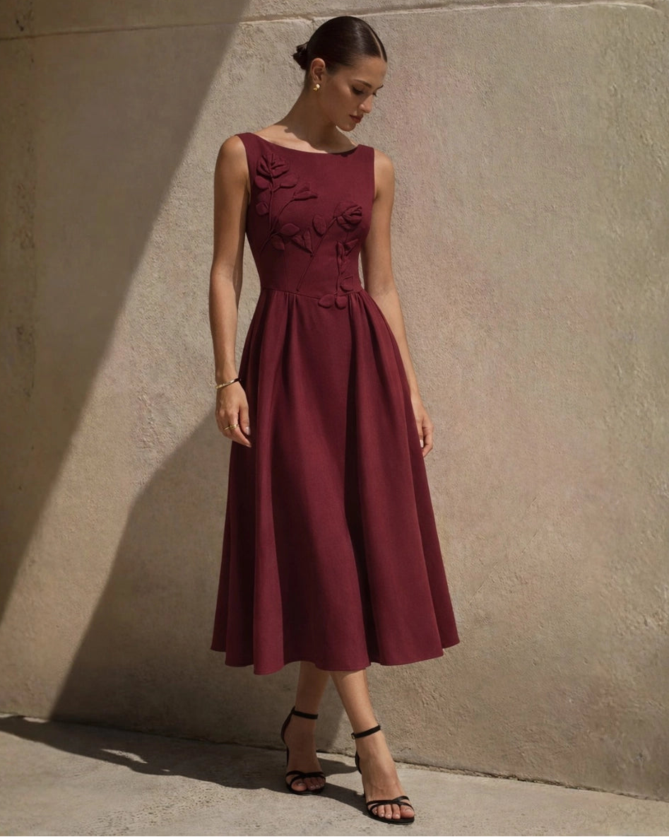 Natasha Midi Dress Wine FRONT