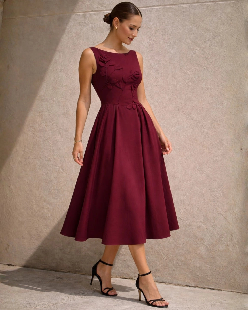 Natasha Midi Dress Wine FRONT